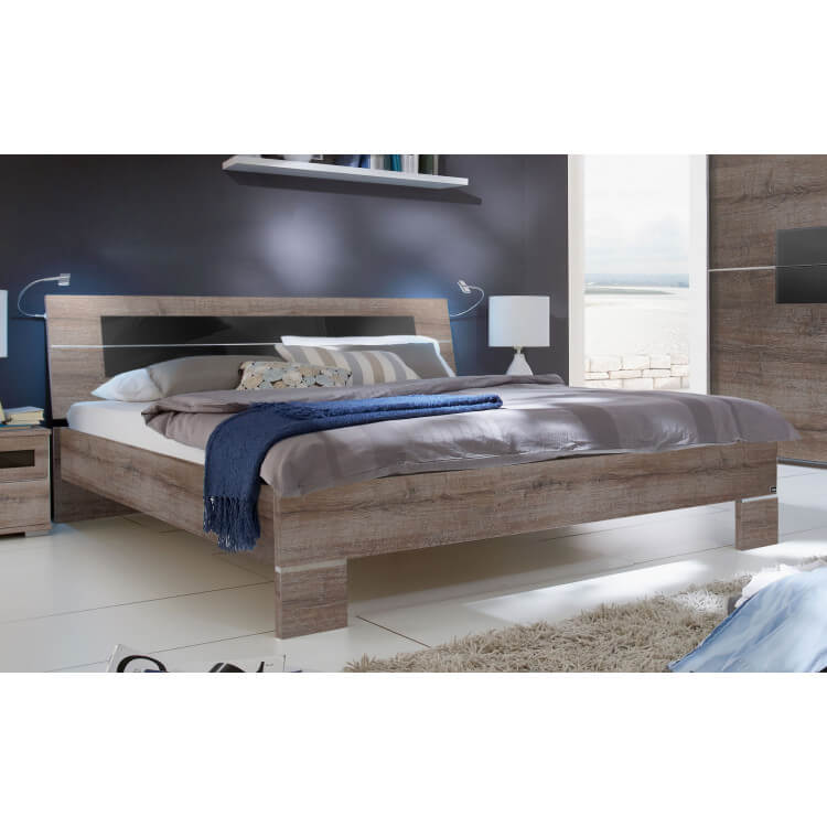 Lit adulte design coloris chêne chataigne/verre noir Kristel