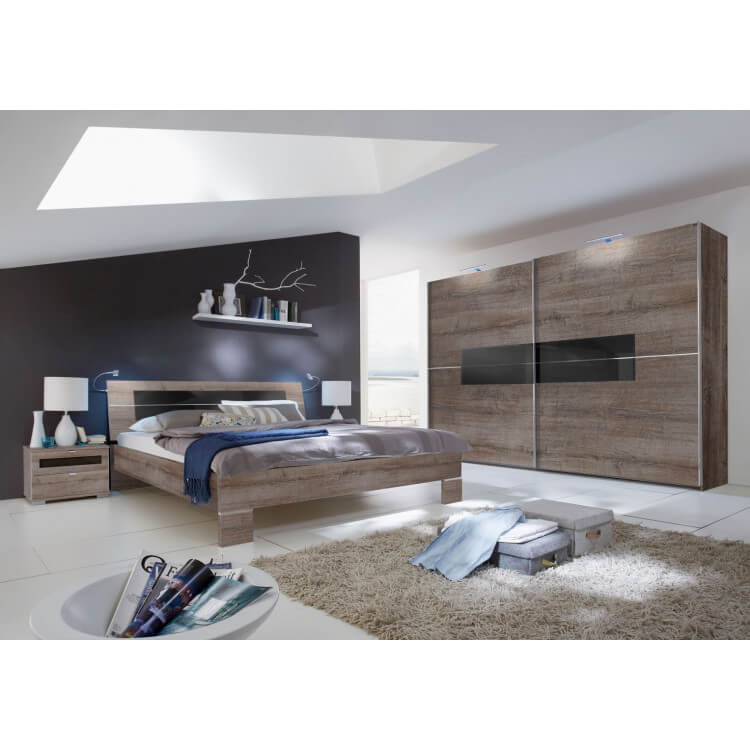 Chambre adulte design coloris chêne chataigne/verre noir Kristel II