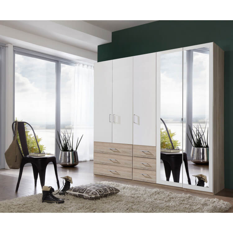 Armoire contemporaine 5 portes/6 tiroirs coloris blanc/chêne clair Simbad II