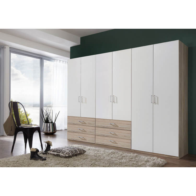 Armoire contemporaine 6 portes/6 tiroirs coloris blanc/chêne clair Simbad
