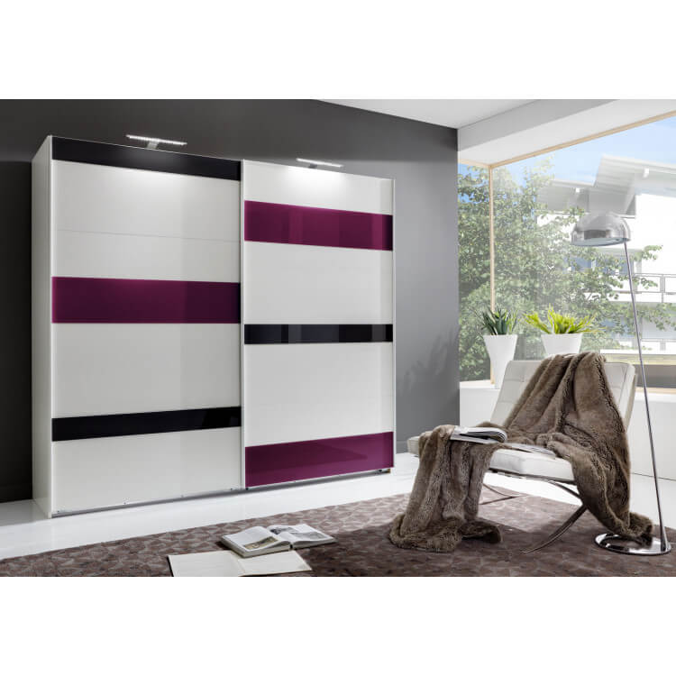 Armoire adulte design portes coulissantes coloris blanc/verre gris et prune Vassily