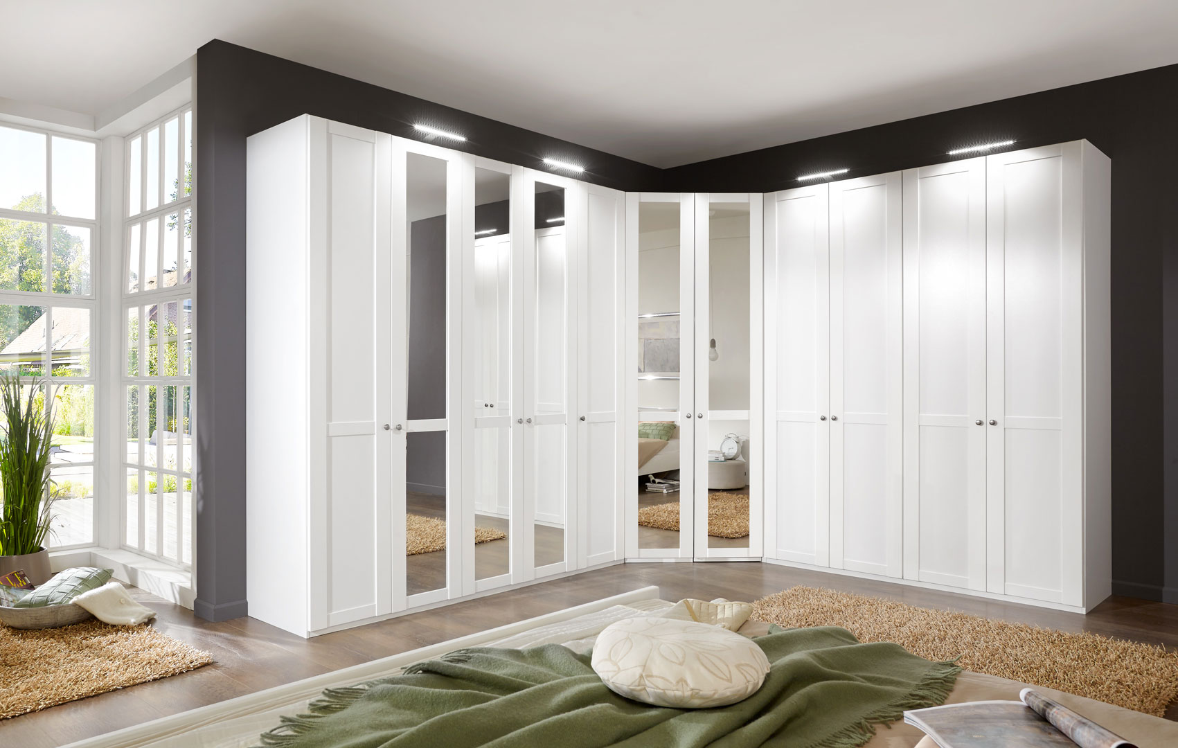 Armoire d'angle contemporaine avec miroir coloris blanc alpin Amerand