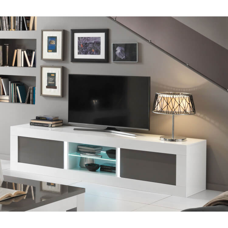 Meuble TV design 207 cm laqué blanc/gris avec éclairage Romain