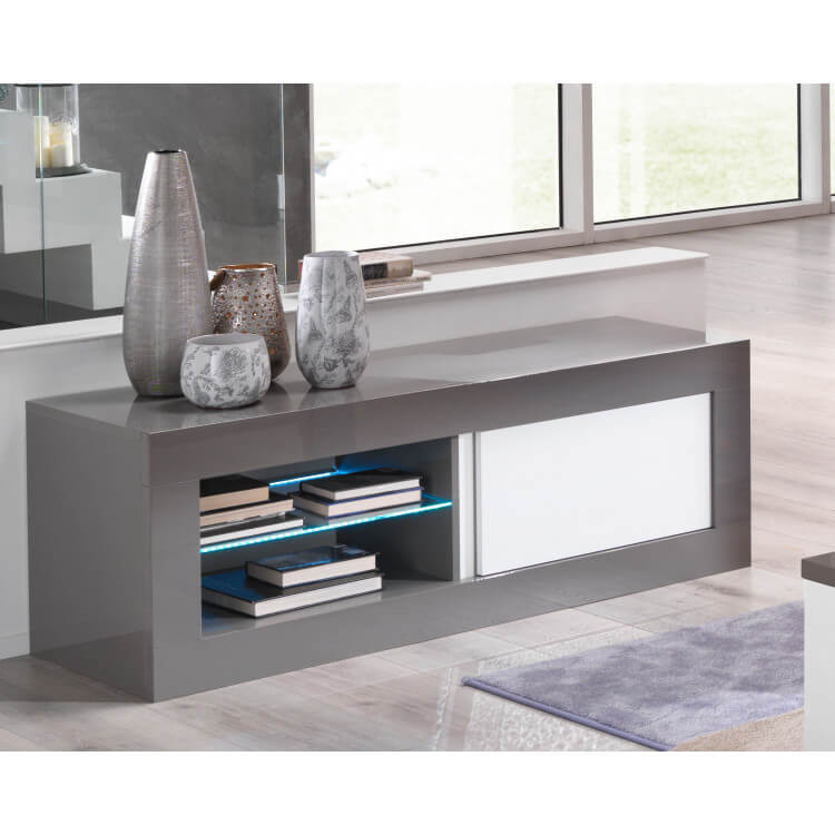 Meuble TV design 144 cm laqué gris/blanc avec éclairage Hugolin