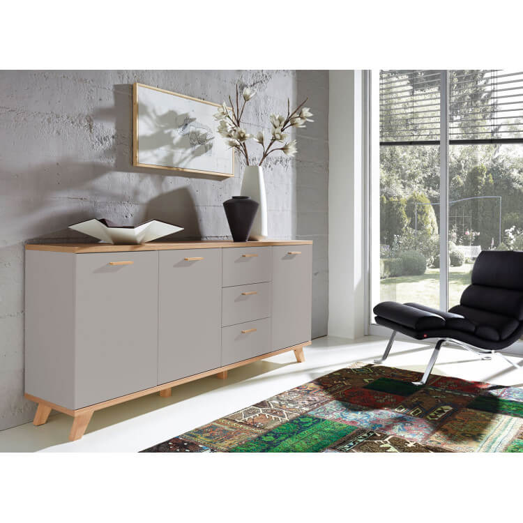 Buffet/bahut contemporain 3 portes/3 tiroirs coloris chêne/gris mat Sarah