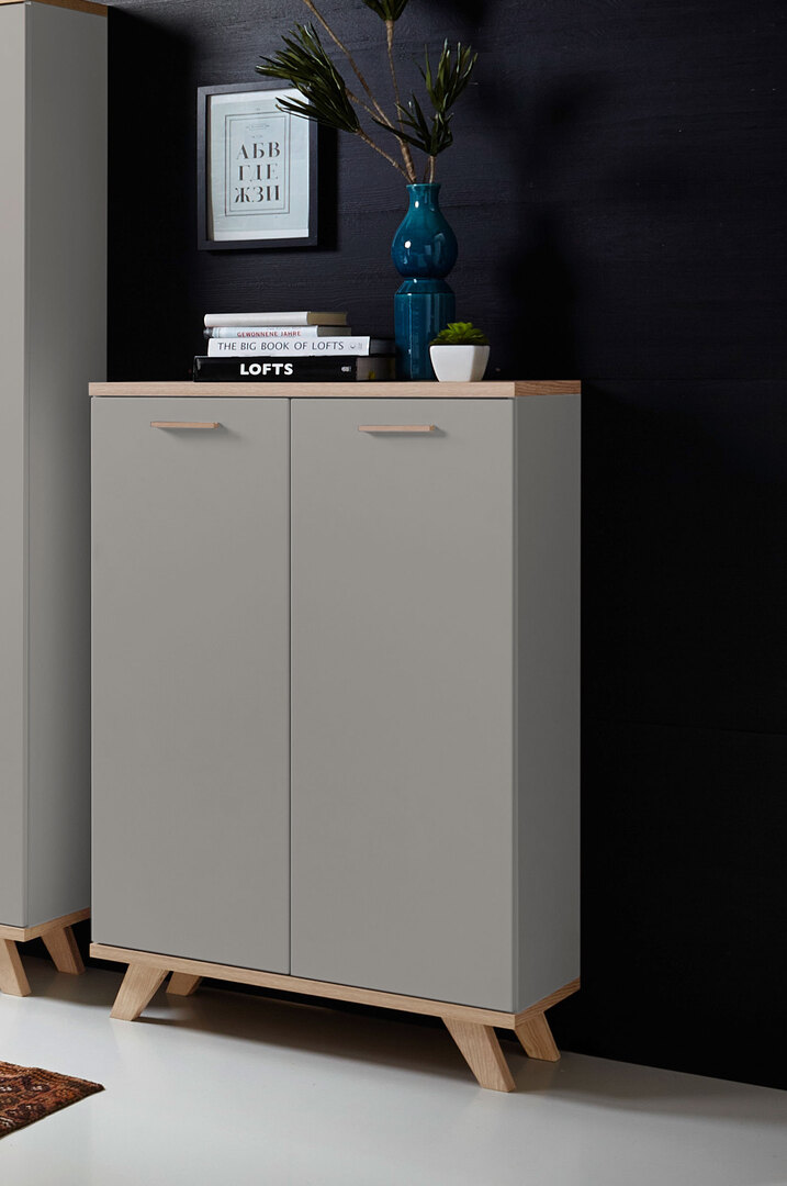 Armoire basse de bureau contemporaine coloris chêne/gris mat Sarah