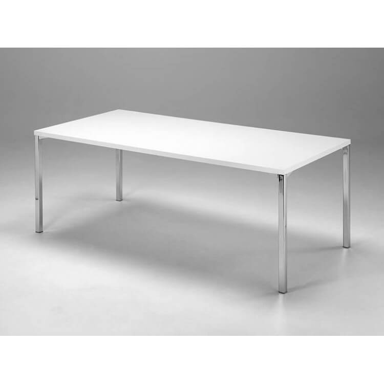 Table de salle à manger design en métal chromé et bois blanc Aurélia