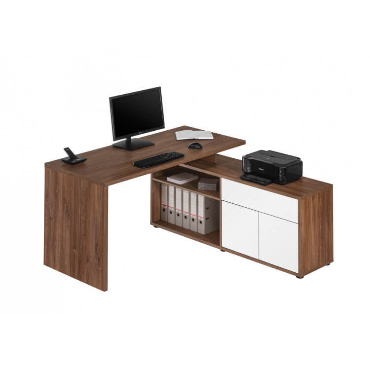 Bureau d'angle contemporain coloris chêne foncé/blanc brillant Azula