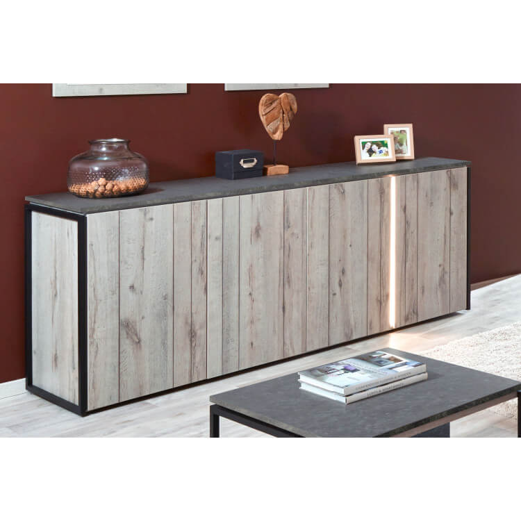 Buffet/bahut contemporain 210 cm coloris chêne gris/anthracite Cobra