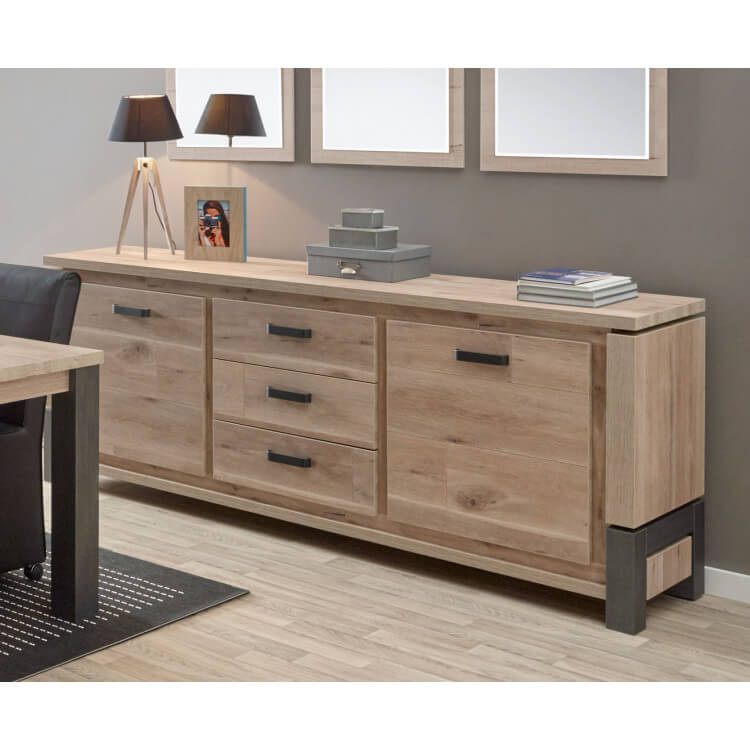 Buffet/bahut contemporain 220 cm coloris vieux chêne/anthracite Luciano