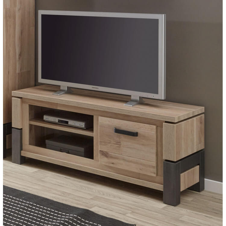 Meuble TV contemporain 130 cm coloris vieux chêne/anthracite Luciano
