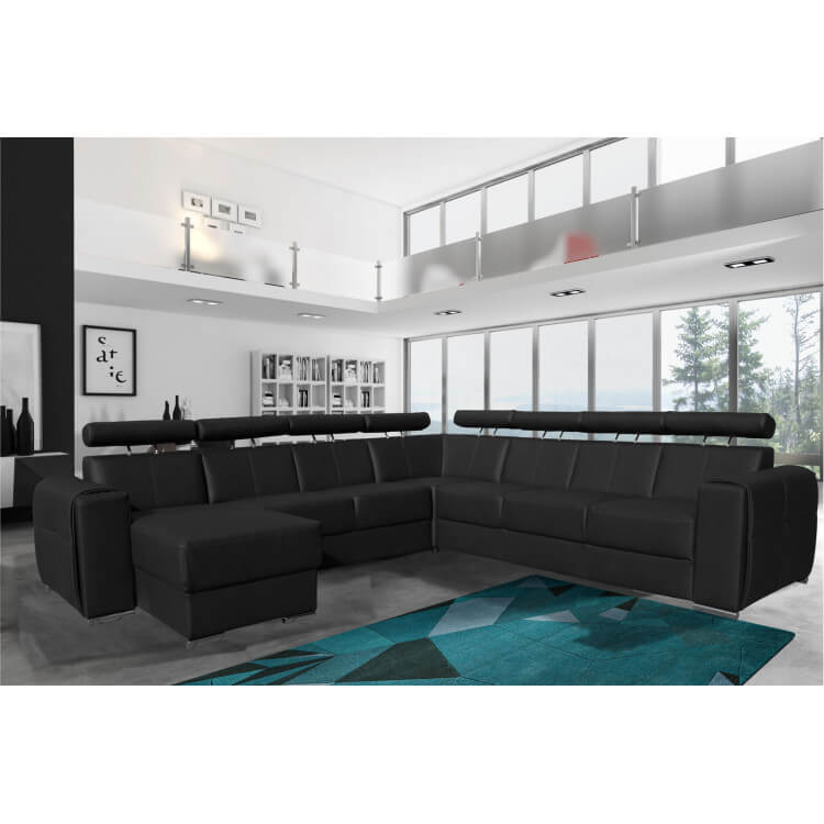 Canapé d'angle fixe design réversible avec méridienne en PU noir Alexiane II