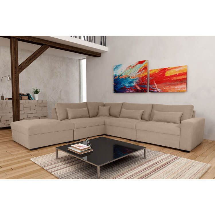Canapé d'angle fixe modulable contemporain en tissu beige Savina
