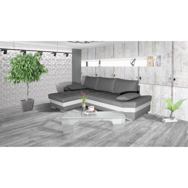canapé d'angle convertible contemporain en pu blanc/tissu gris