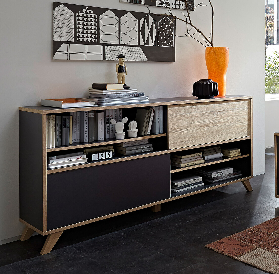 Armoire basse de bureau design 180 cm chêne sonoma/anthracite Paco