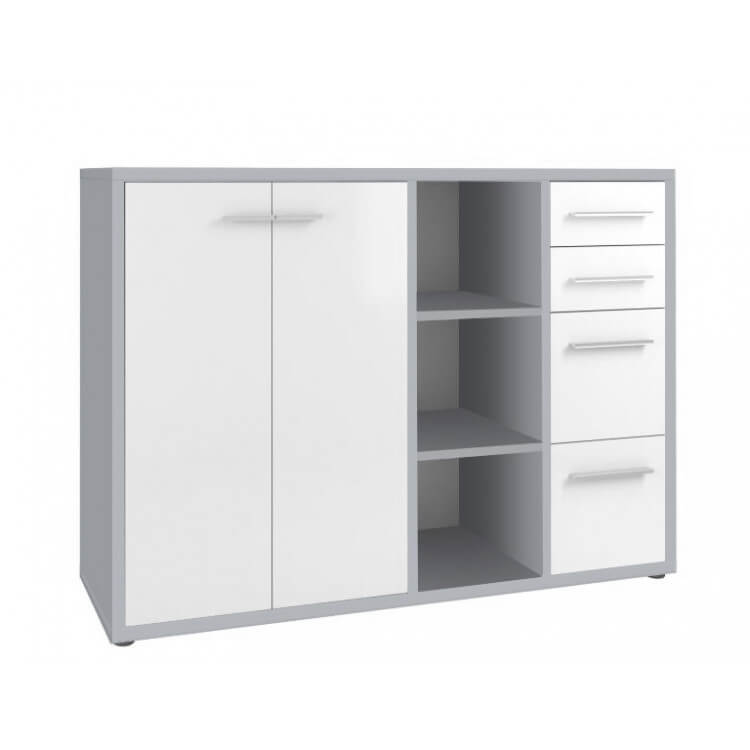 Armoire basse de bureau design gris platine/verre blanc Mathis I