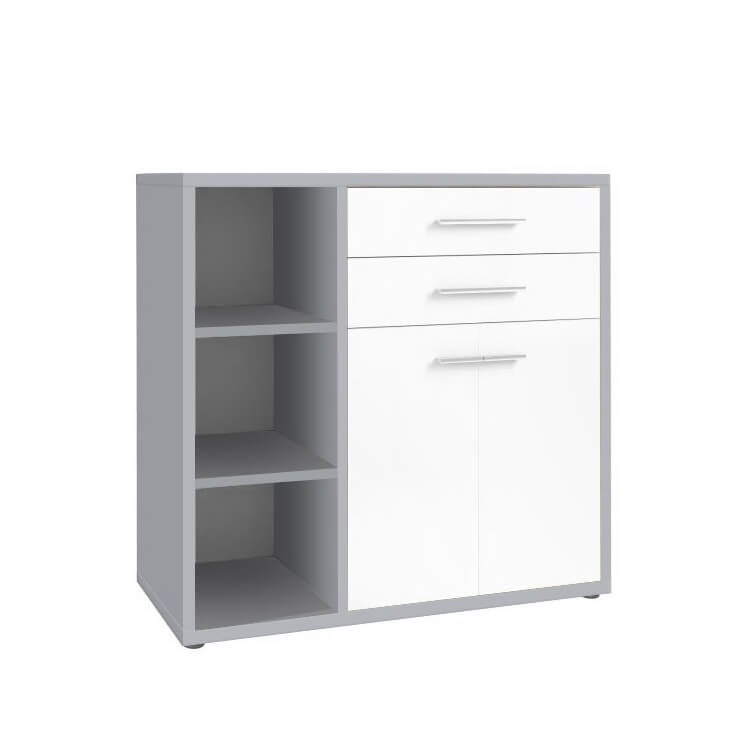 Armoire basse de bureau design gris platine/verre blanc Mathis II