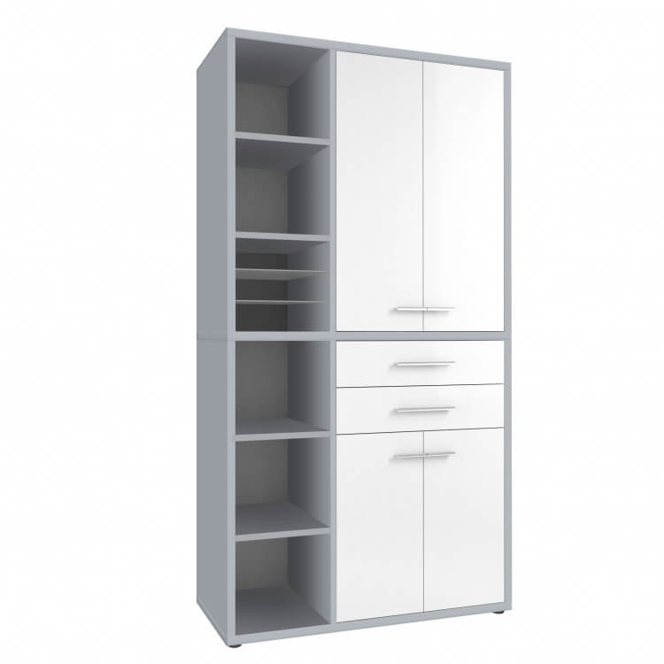 Armoire haute de bureau design gris platine/verre blanc Mathis I