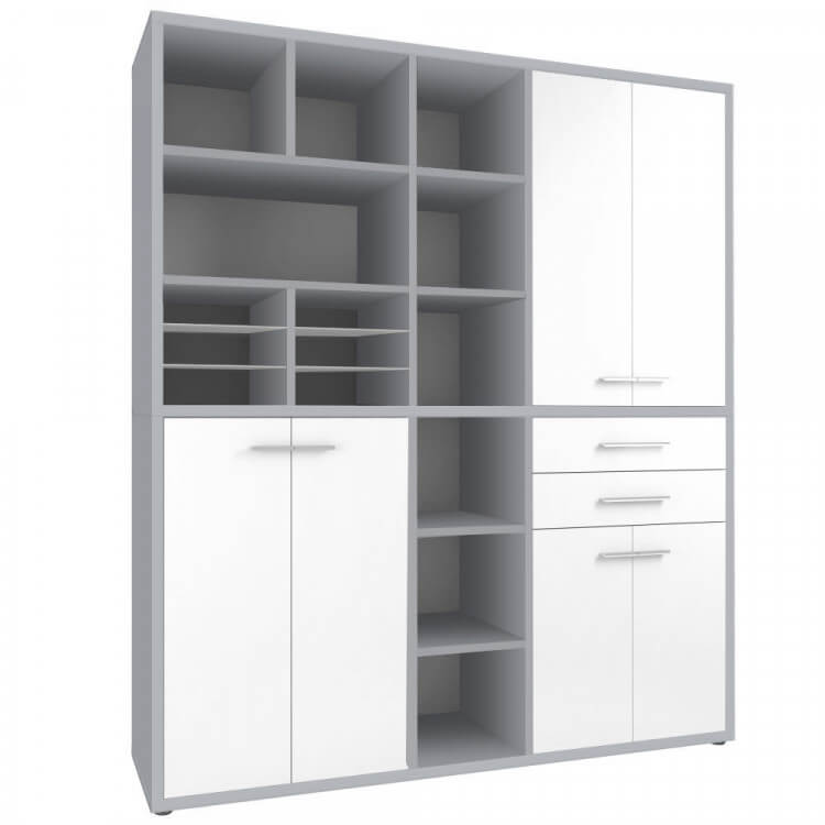 Armoire haute de bureau design gris platine/verre blanc Mathis III