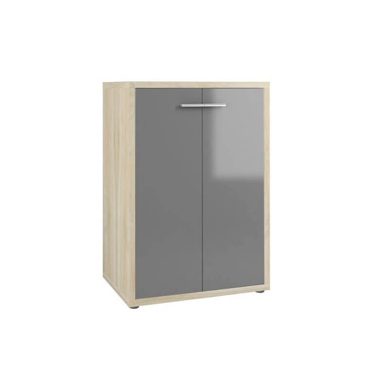 Armoire basse de bureau design chêne naturel/verre gris Damien