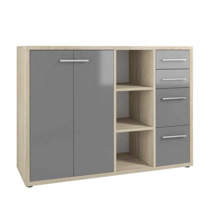 Armoire basse de bureau design chêne naturel/verre gris Damien I