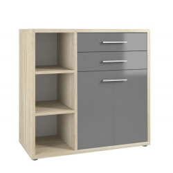 Armoire basse de bureau design chêne naturel/verre gris Damien II