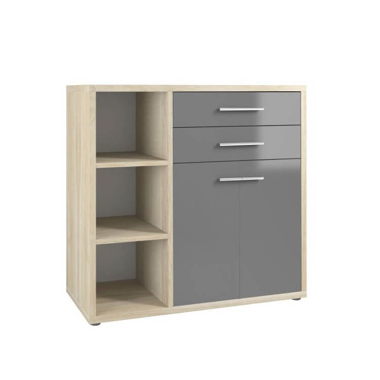 Armoire basse de bureau design chêne naturel/verre gris Damien II