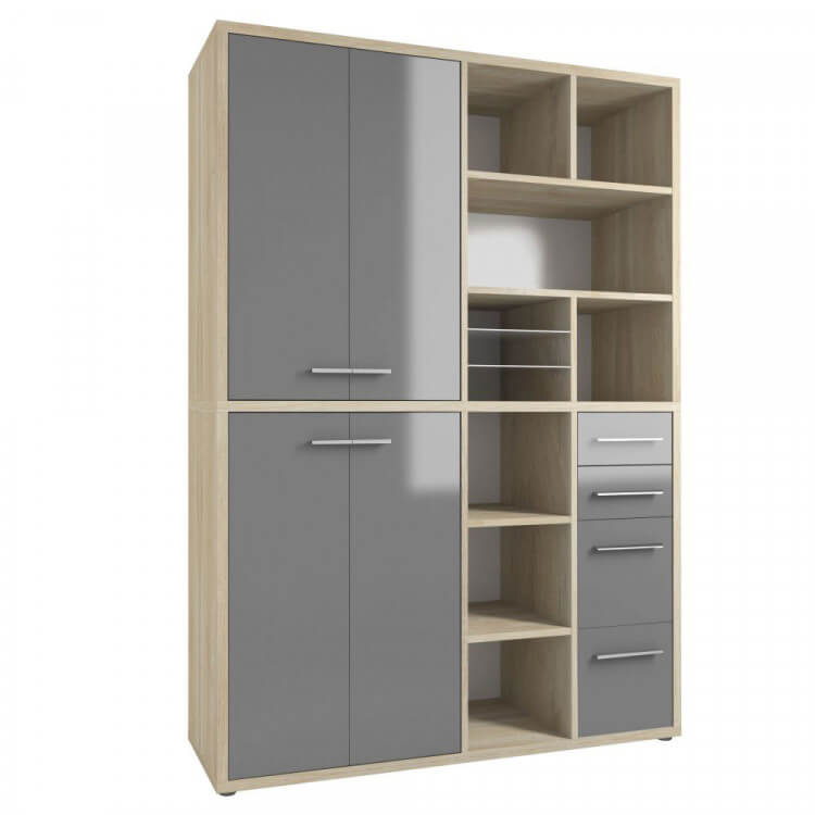 Armoire haute de bureau design chêne naturel/verre gris Damien II