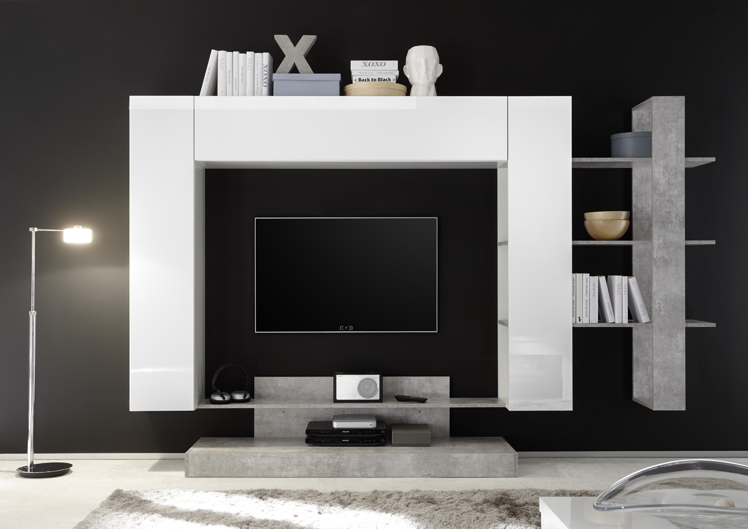 Banc TV design blanc laqué/béton Camargue
