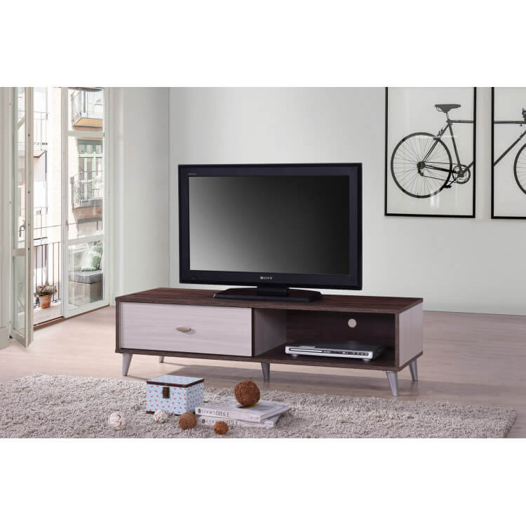 Meuble TV contemporain 120 cm coloris noyer/blanc Amira