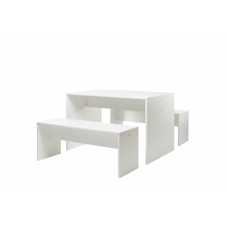 Ensemble table et 2 bancs contemporain blanc Amanda
