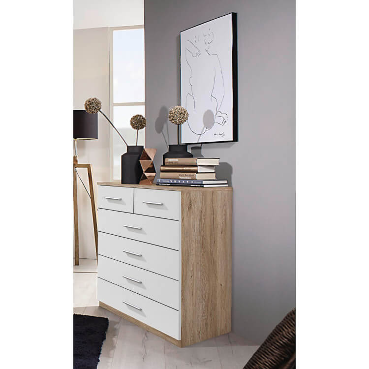 Commode contemporaine 6 tiroirs chêne clair/blanc Gregoria