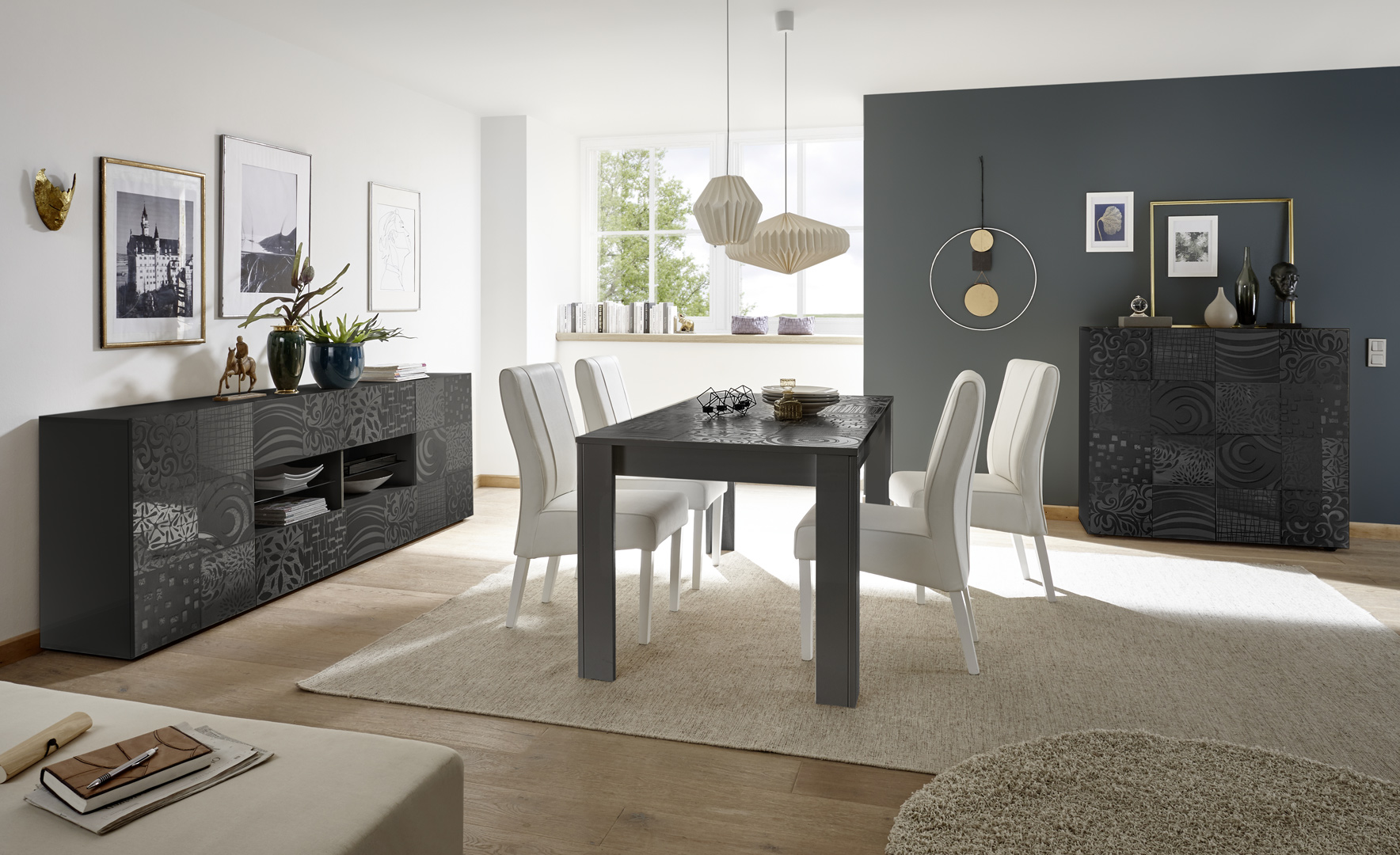 Salle à manger design gris laqué brillant sérigraphié Evira Matelpro