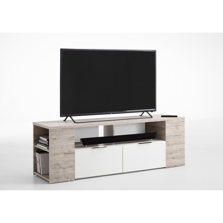 Meuble TV contemporain 150 cm blanc/chêne sable Silvio