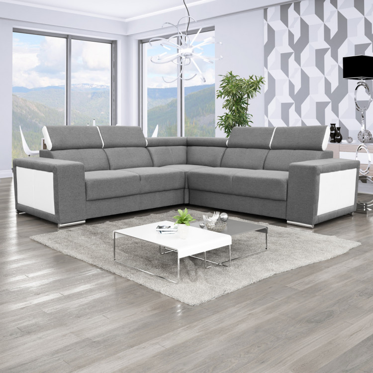 Canapé d'angle fixe contemporain en tissu gris et PU blanc Electra