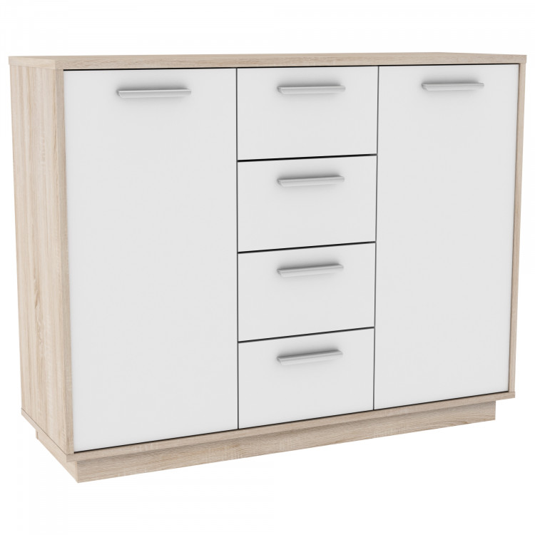 Meuble de rangement contemporain 2 portes/4 tiroirs chêne brossé/blanc Sismo