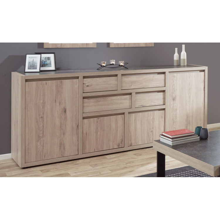 Buffet/bahut contemporain 248 cm chêne clair/gris béton California