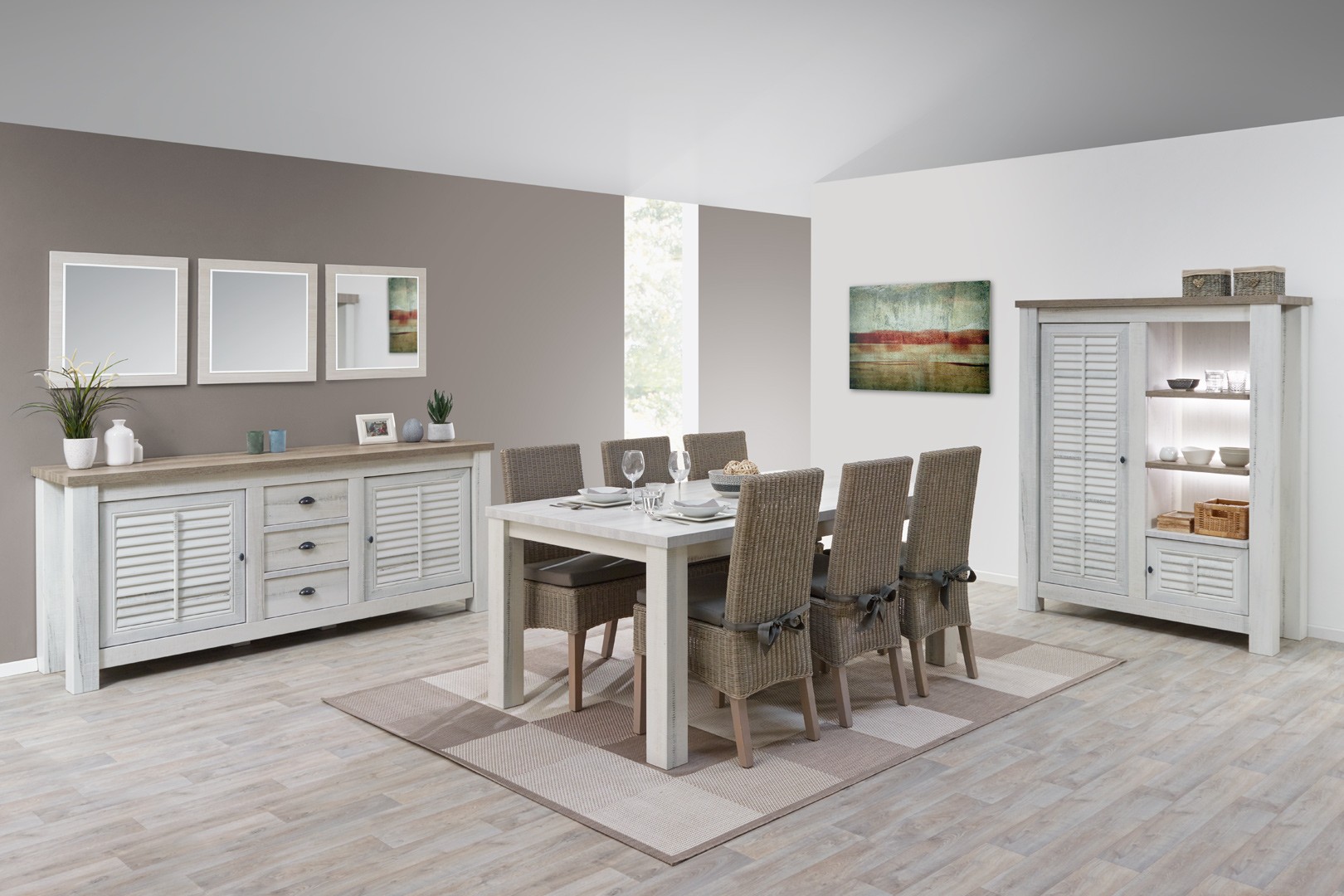 Salle à manger contemporaine chêne blanchi/marron clair Tapagos Matelpro