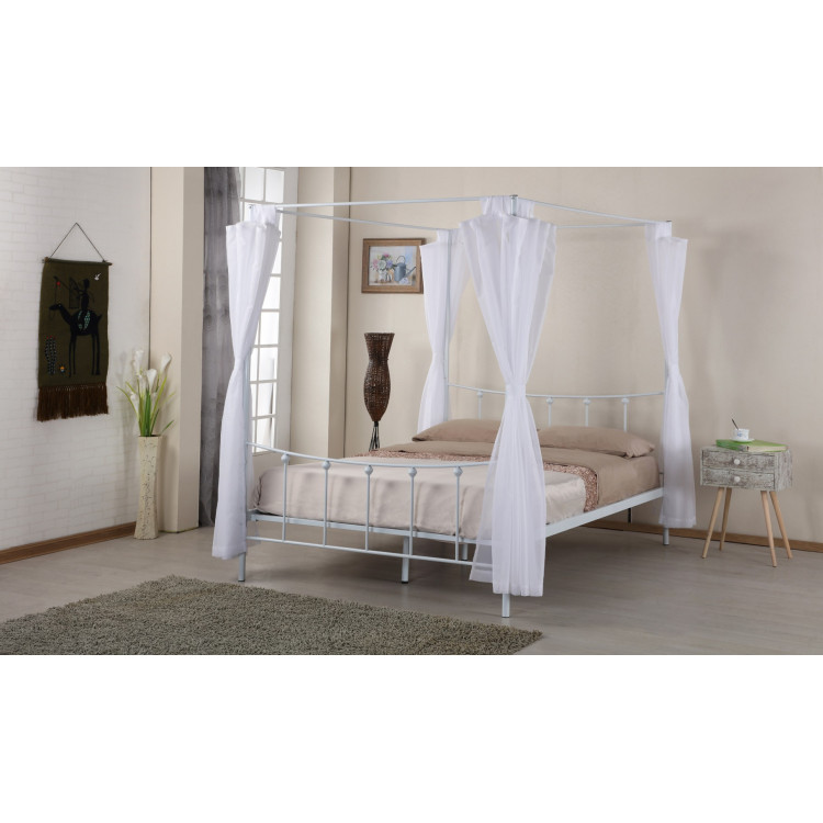 Lit baldaquin contemporain 2 personnes en métal blanc Chelsie