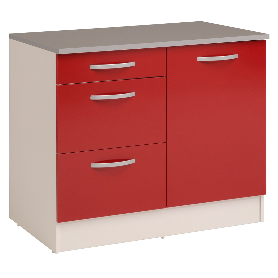 Meuble bas de cuisine contemporain 100 cm 1 porte/3 tiroirs blanc/rouge