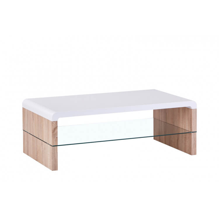 Table basse contemporaine bois et verre chêne clair/blanc Katia