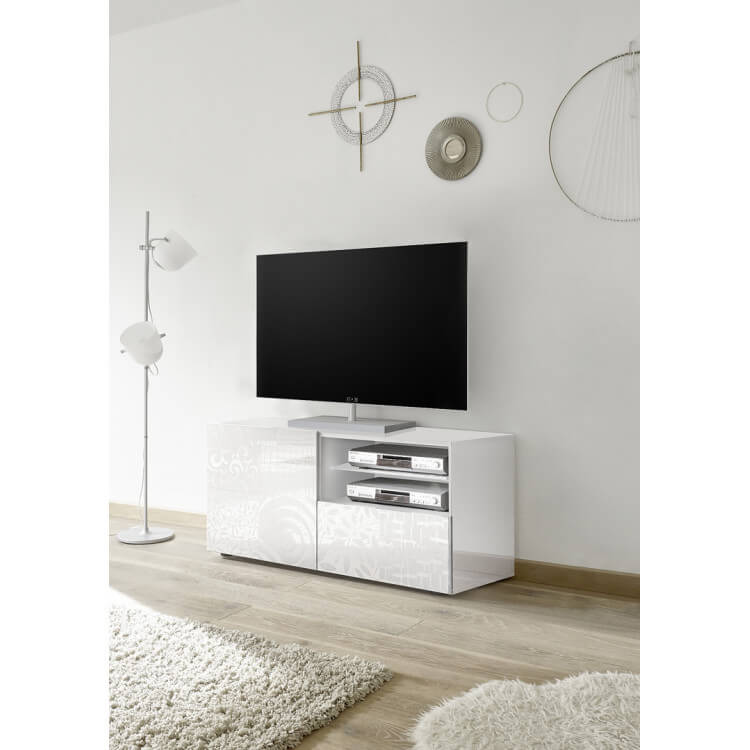 Meuble TV design 122 cm laqué blanc sérigraphié Andreasse