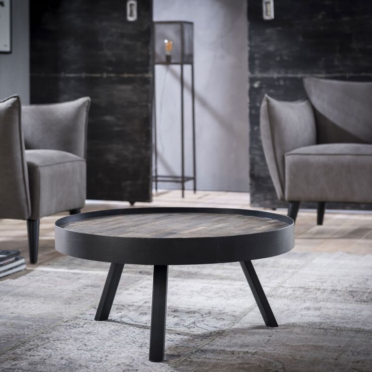 Table basse ronde industrielle en bois massif avec piétement Table basse ronde industrielle en bois massif avec piétement