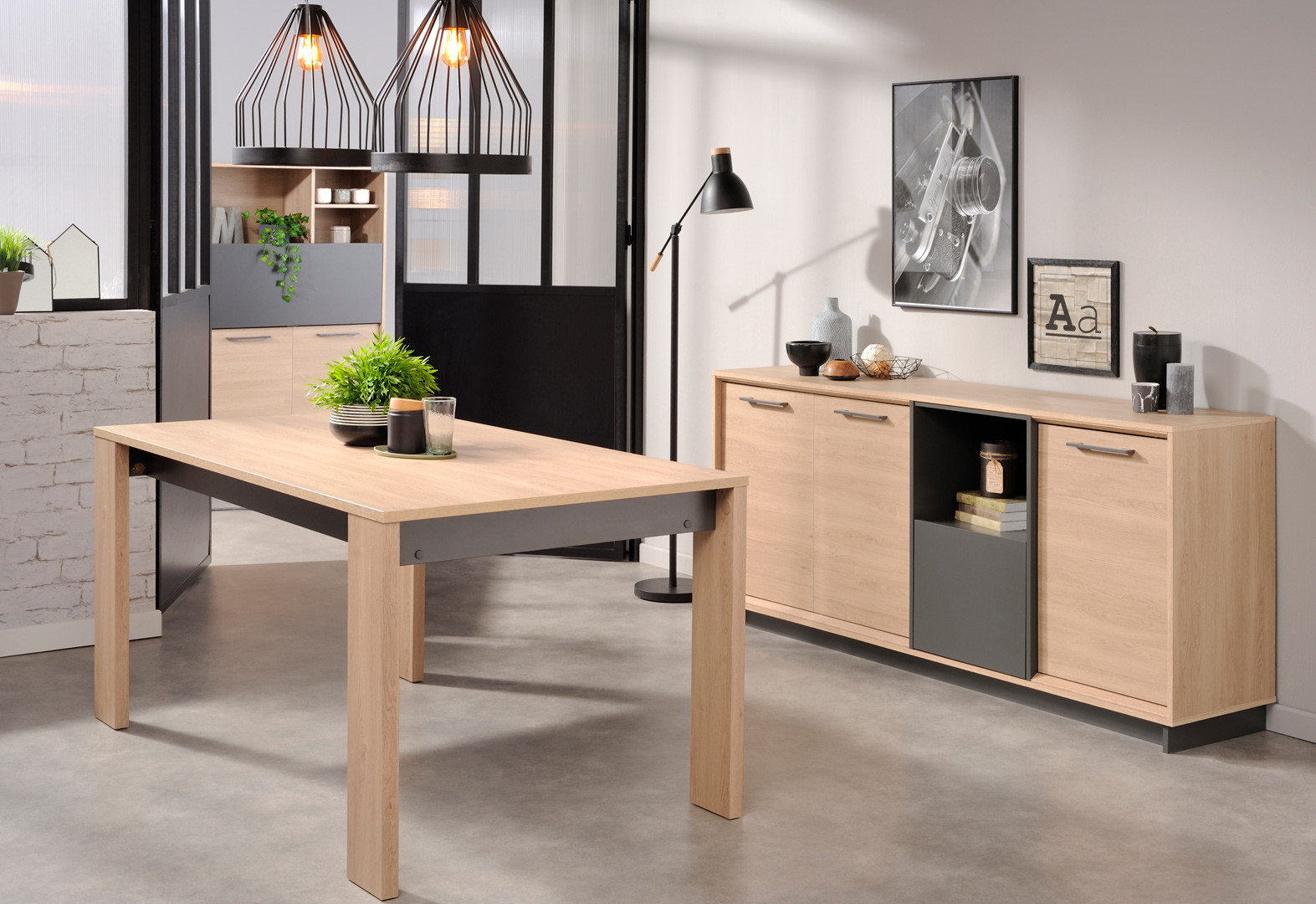 Table de salle à manger contemporaine chêne clair/gris Becca Matelpro