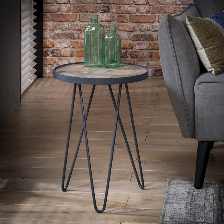 Table basse ronde vintage en bois et métal Ø36 cm Alban