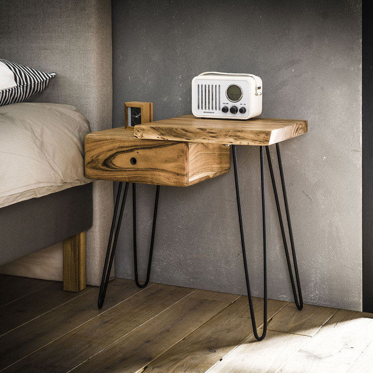 Table de chevet vintage en bois massif avec tiroir à gauche Julia