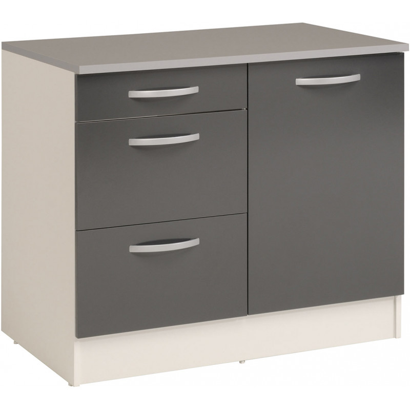 Meuble bas de cuisine contemporain 100 cm 1 porte/3 tiroirs blanc/gris