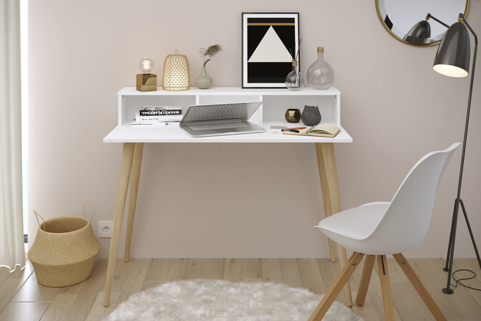 Bureau droit scandinave chêne/blanc Alama