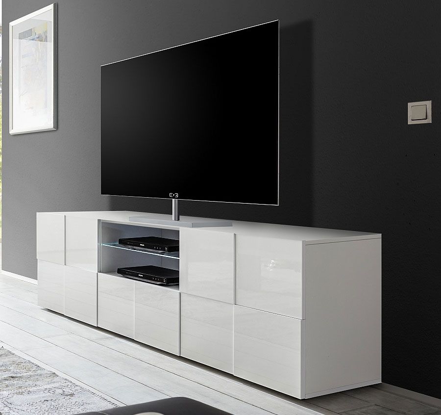 Meuble TV moderne181 cm laqué blanc brillant Milenor