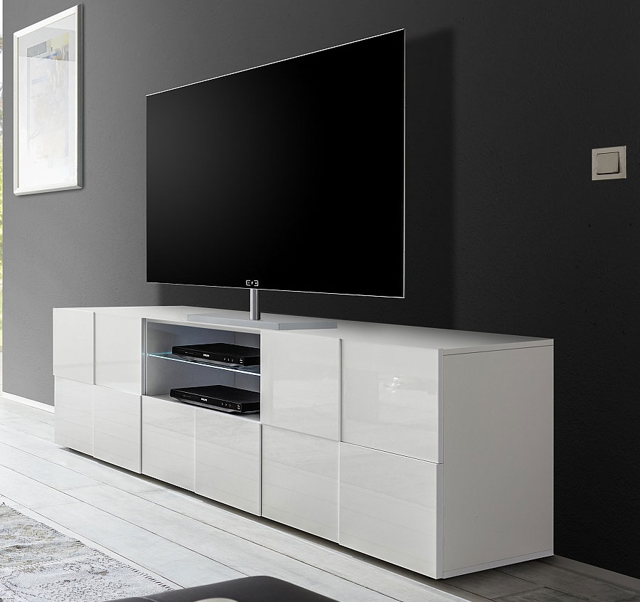 Meuble TV mural blanc et bois avec éclairage led blanc de salon moderne